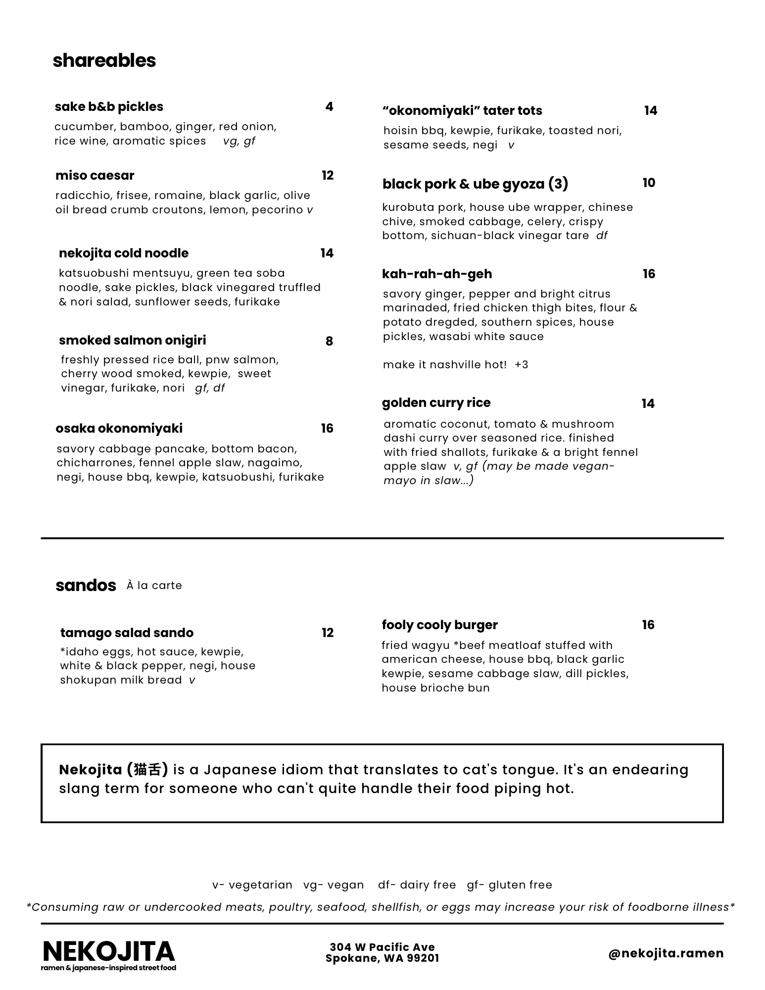 Menu — Nekojita Ramen